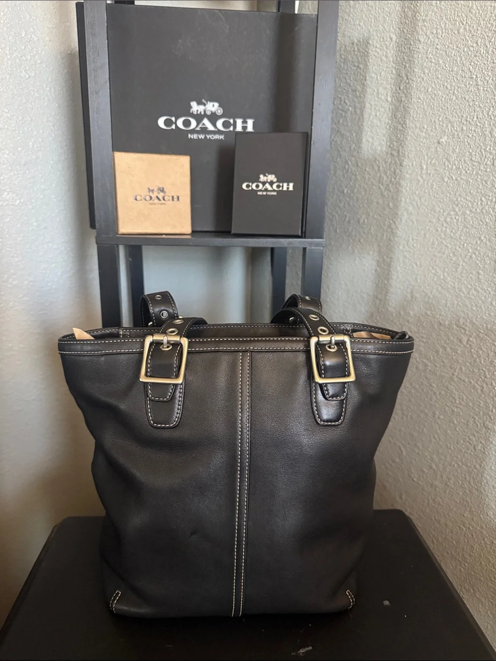 Coach Black Leather Messenger Tote with Contrast Stitching